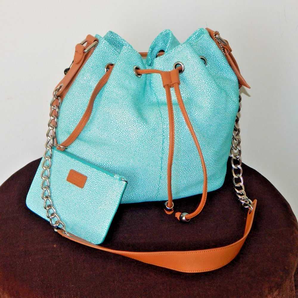 SORIAL New York Python Leather Drawstring Mint Bucket Bag with Pouch NWT